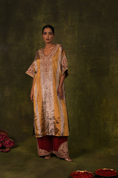 Golden Maroon Embroidered Kaftan Set