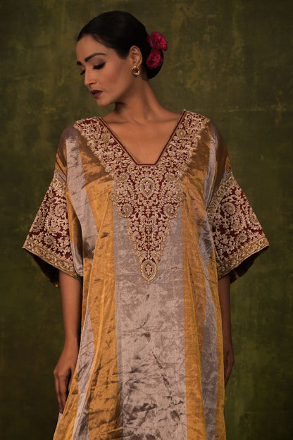 Golden Maroon Embroidered Kaftan Set