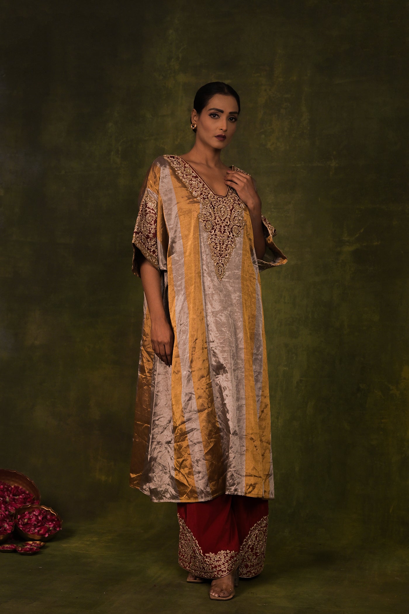 Golden Maroon Embroidered Kaftan Set