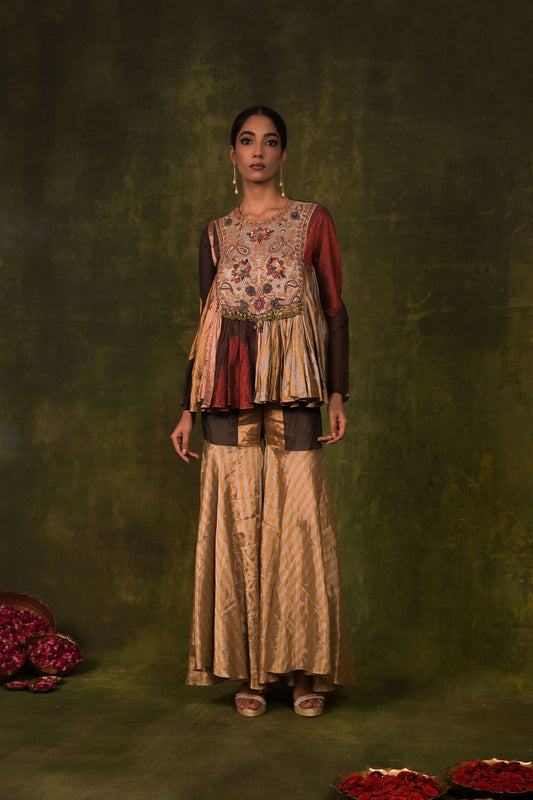 Multi-Paneled Embroidered Peplum Kurta with Flared Sharara