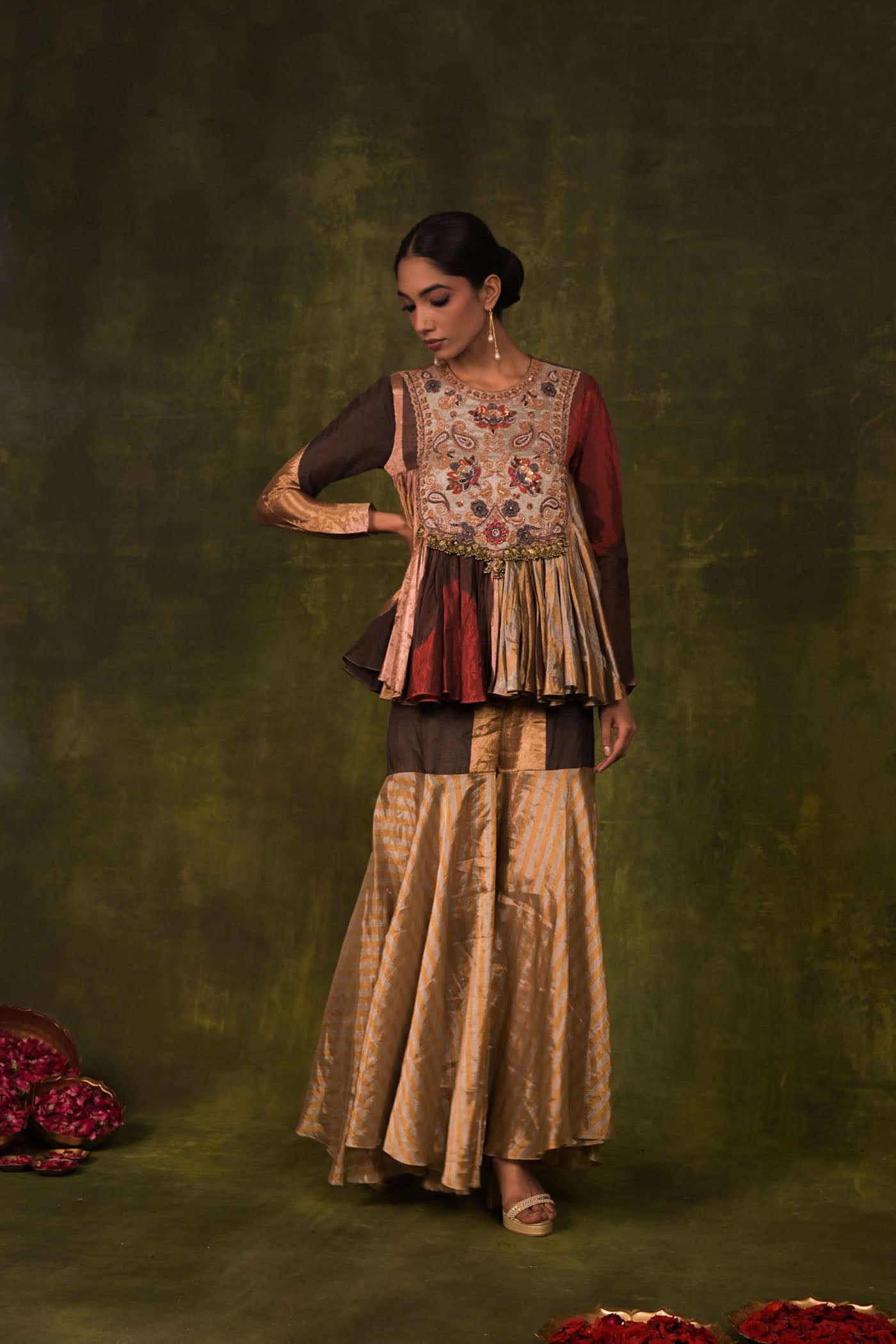 Multi-Paneled Embroidered Peplum Kurta with Flared Sharara