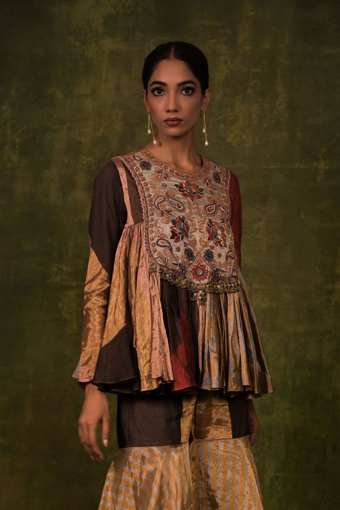 Multi-Paneled Embroidered Peplum Kurta with Flared Sharara