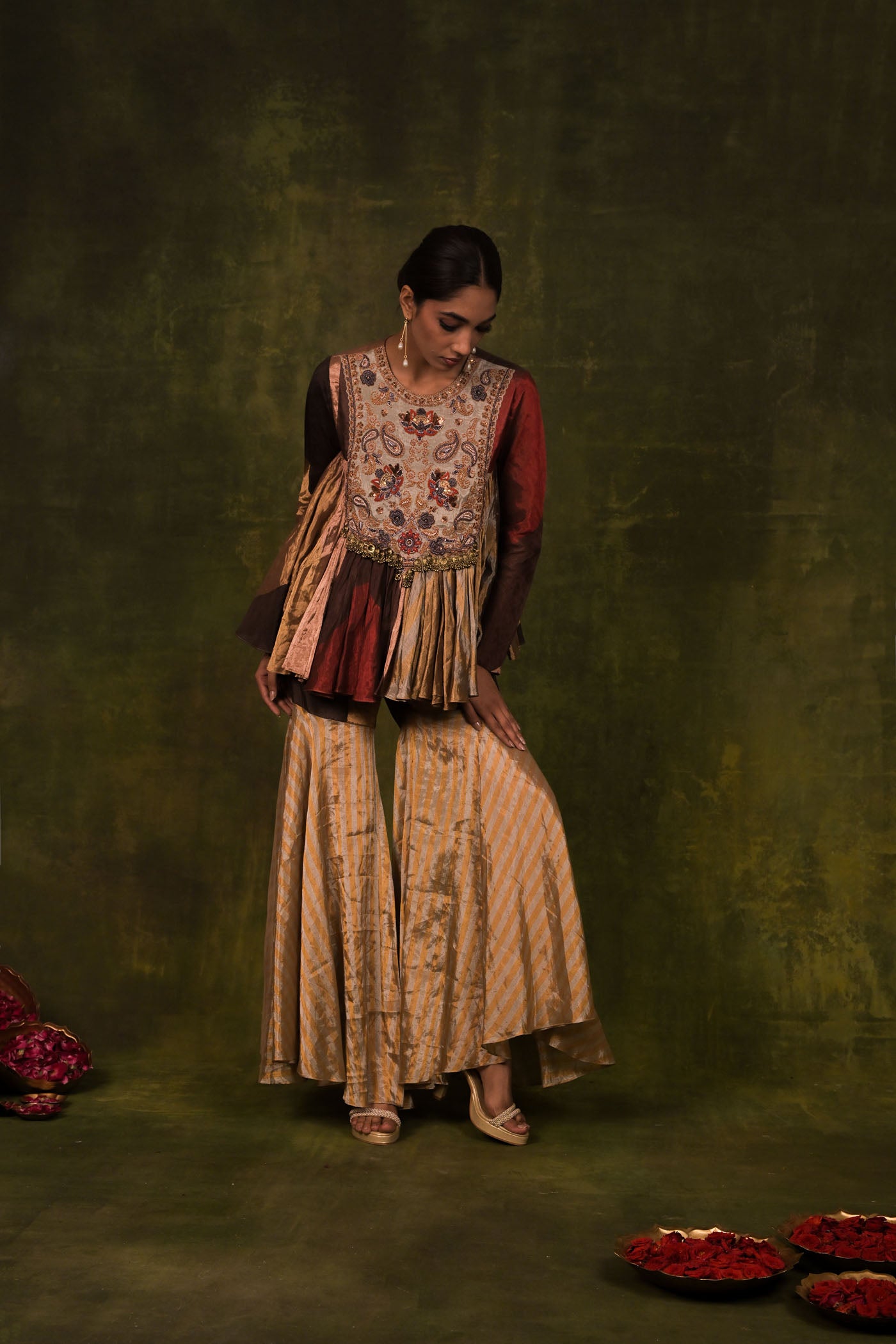 Multi-Paneled Embroidered Peplum Kurta with Flared Sharara