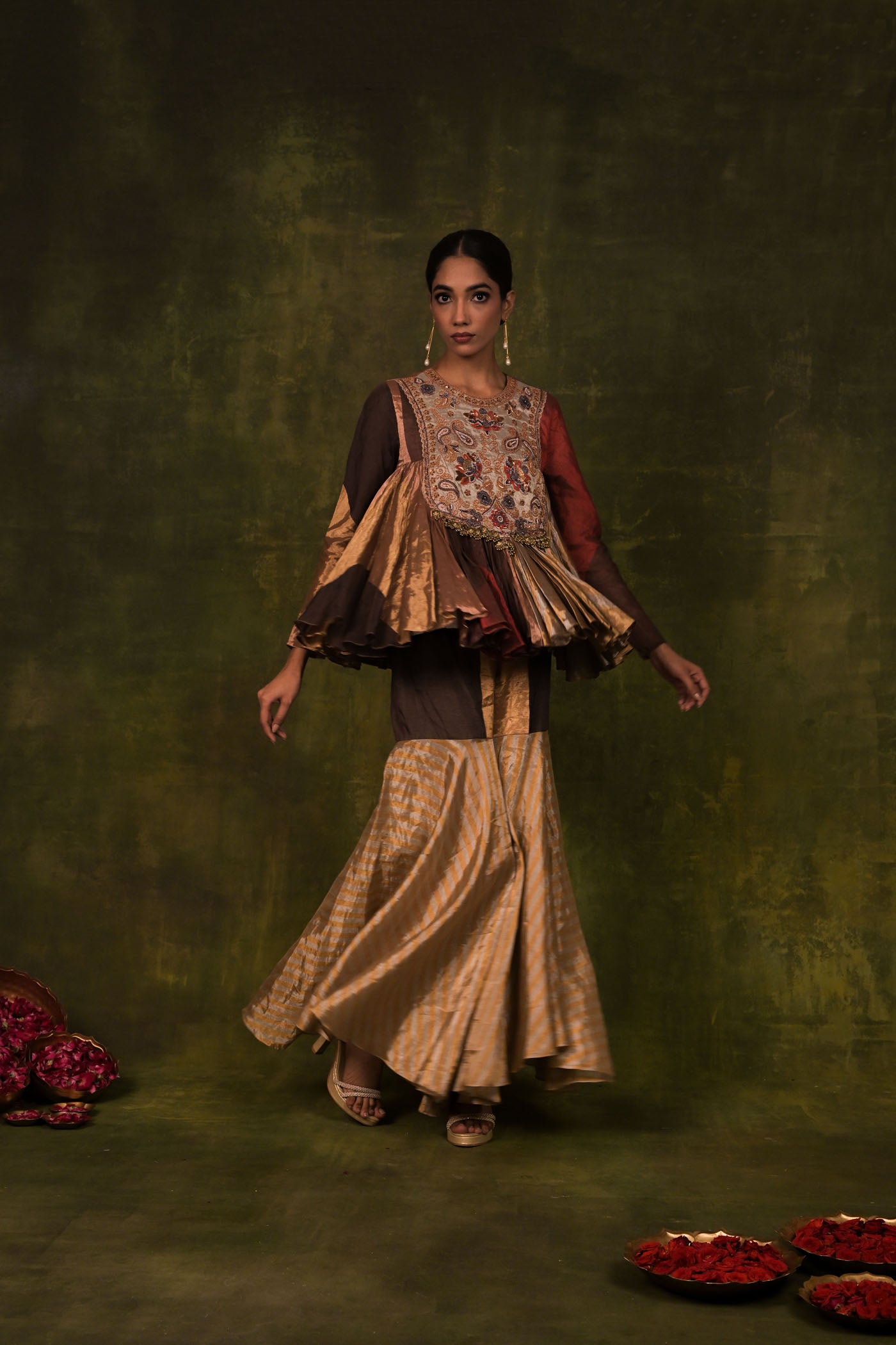 Multi-Paneled Embroidered Peplum Kurta with Flared Sharara