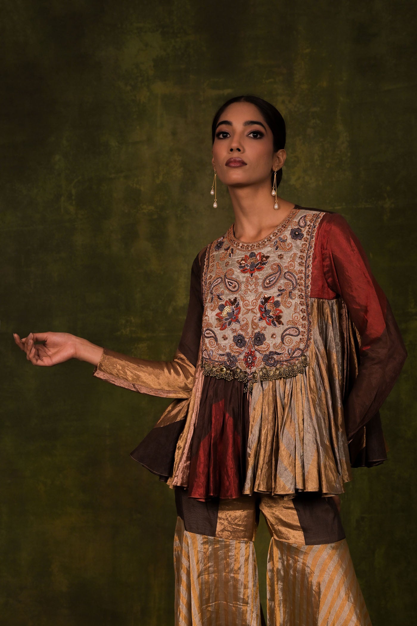 Multi-Paneled Embroidered Peplum Kurta with Flared Sharara