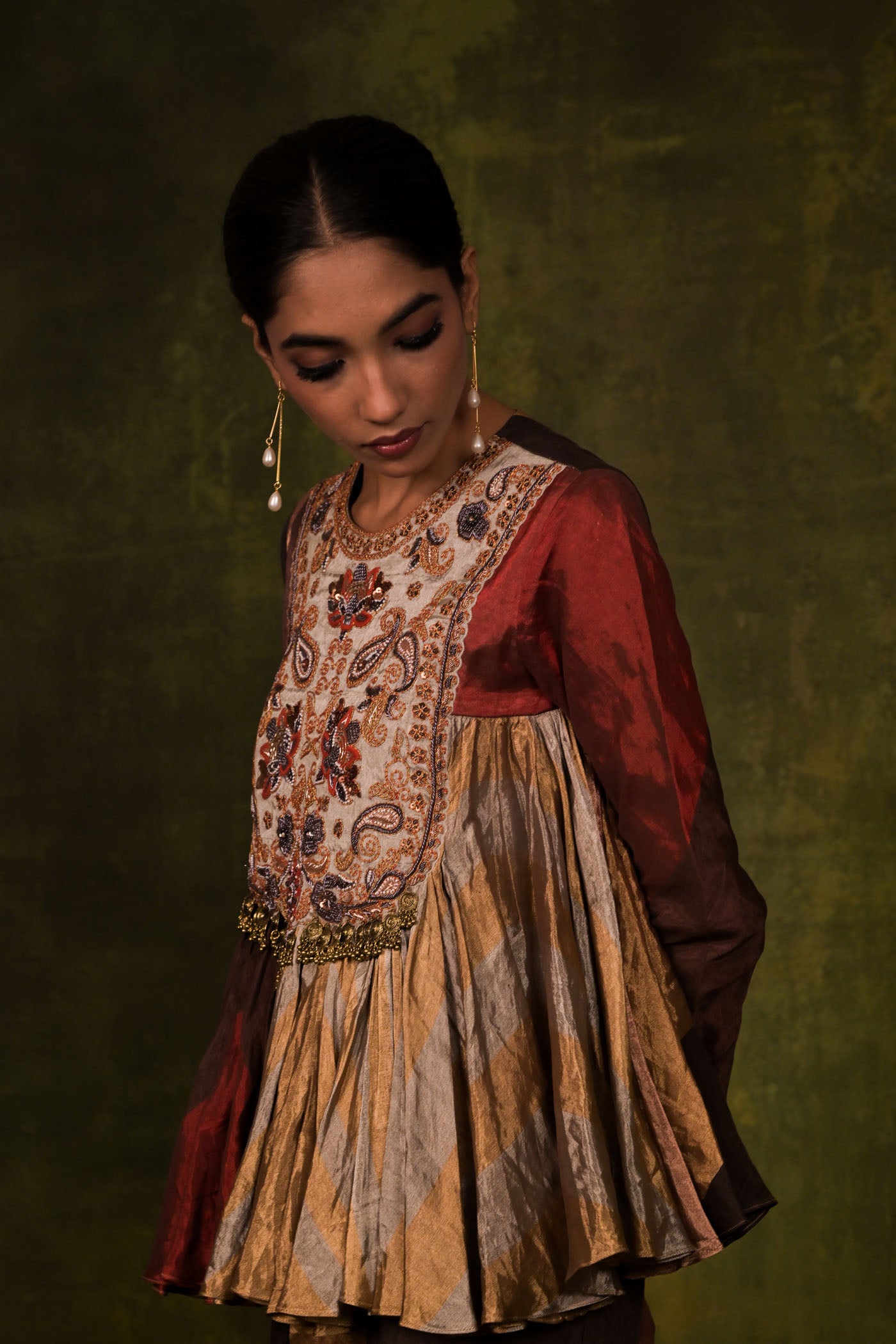 Multi-Paneled Embroidered Peplum Kurta with Flared Sharara