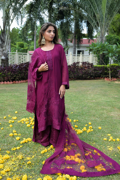 Plum Charm Satin Organza Kurta Set