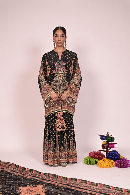 Short black kurti with sharara and printed dupatta