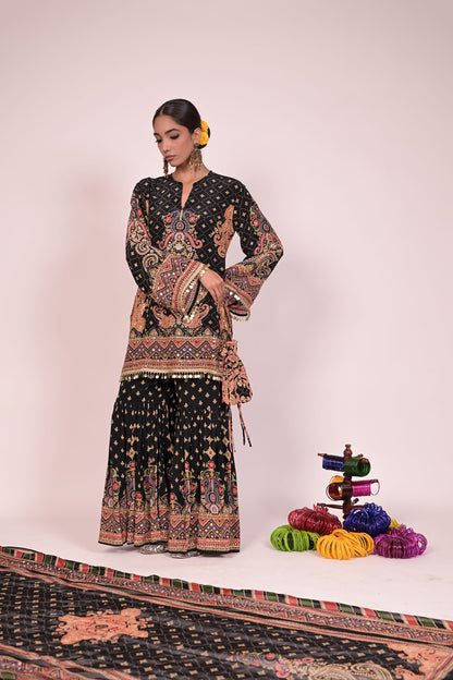 Short black kurti with sharara and printed dupatta