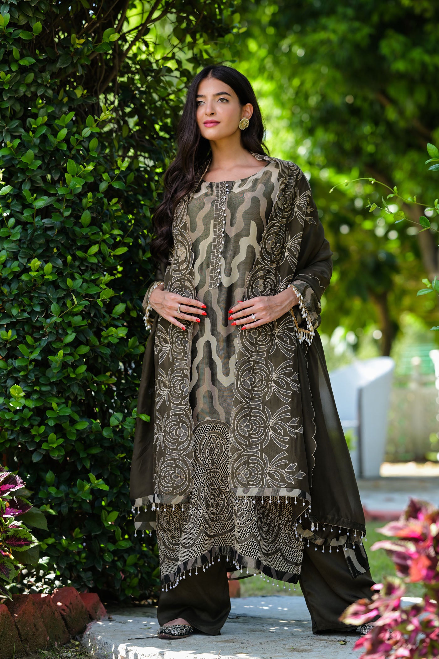 Olive Elegance Organza-  Kurta Set