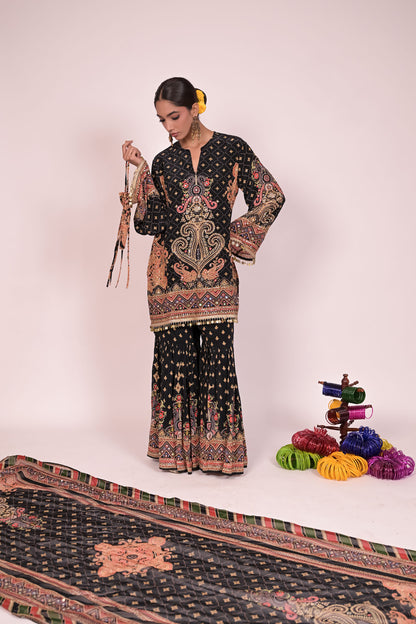 Short black kurti with sharara and printed dupatta