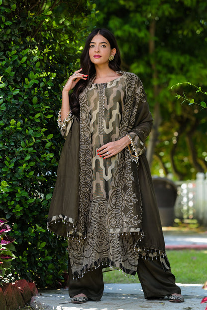 Olive Elegance Organza-  Kurta Set