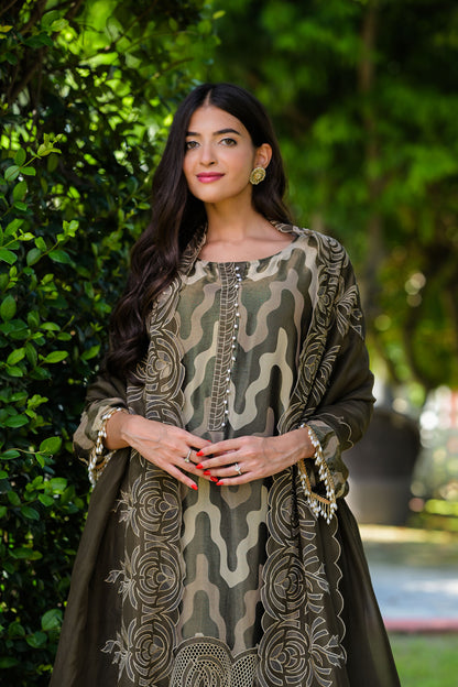 Olive Elegance Organza-  Kurta Set