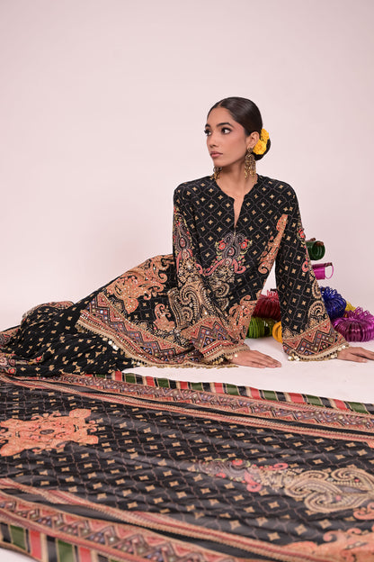 Short black kurti with sharara and printed dupatta