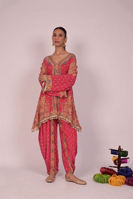 Pink and golden print work on Coord set