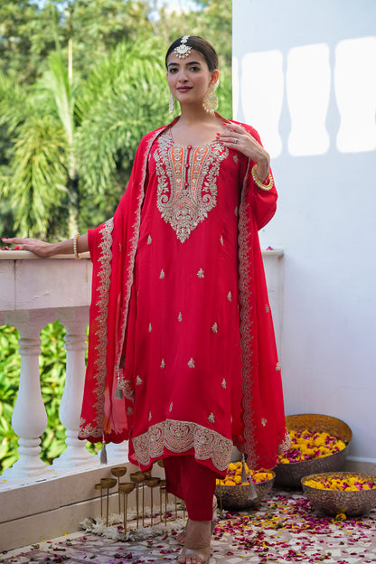 Red Embroidered Kurta Set