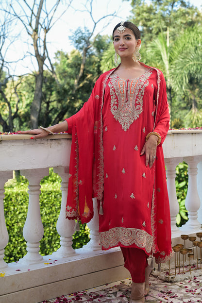 Red Embroidered Kurta Set