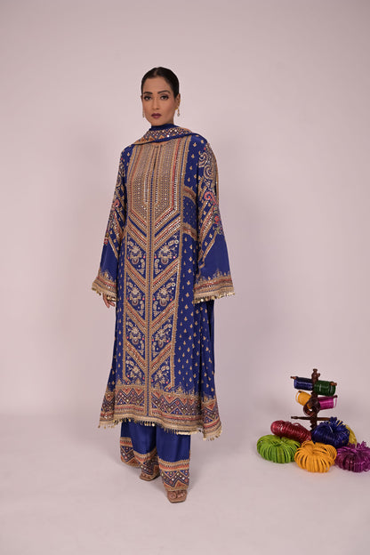 Long Arnarkali suit with wide legged pants and dupatta