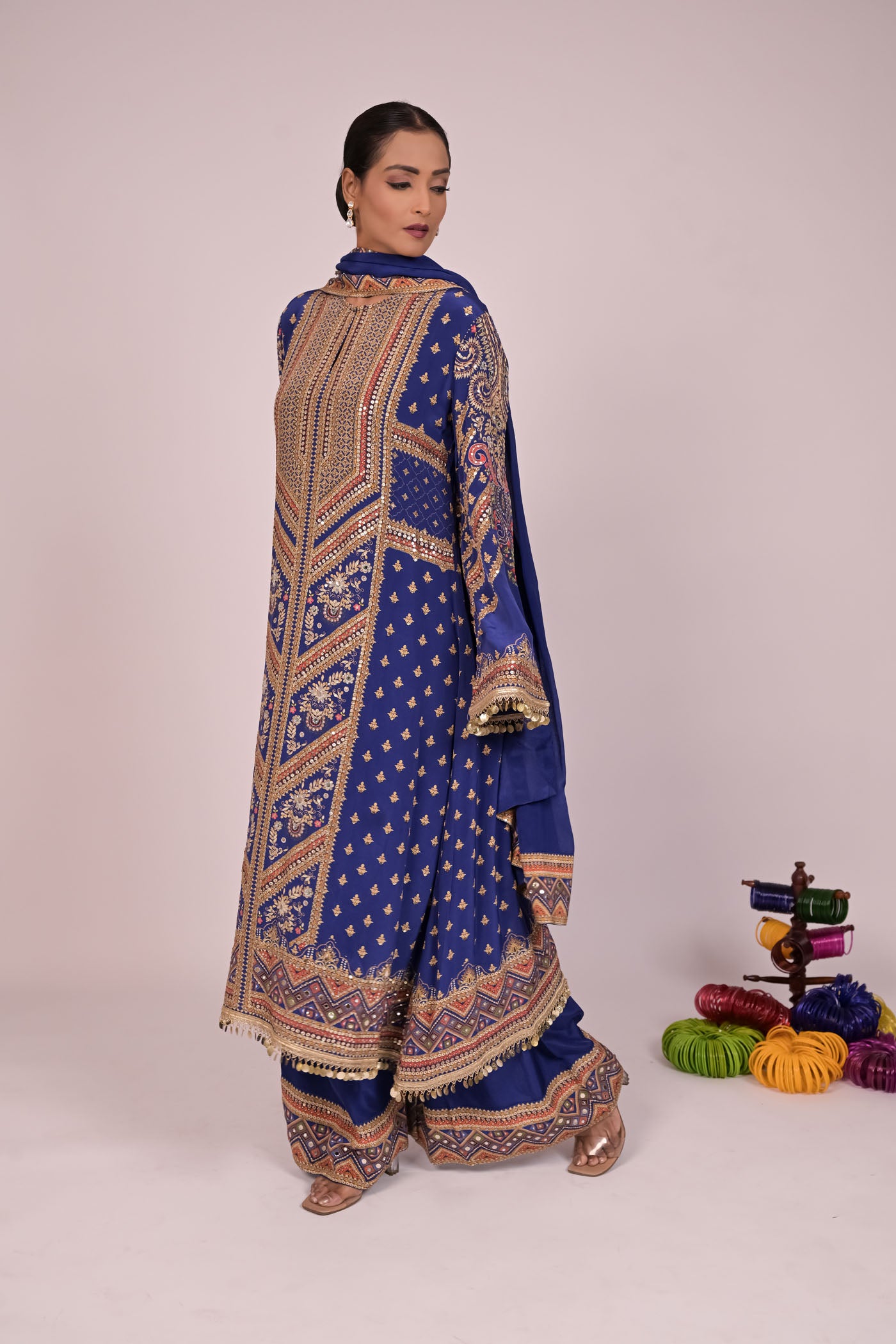Long Arnarkali suit with wide legged pants and dupatta