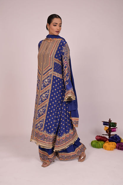 Long Arnarkali suit with wide legged pants and dupatta