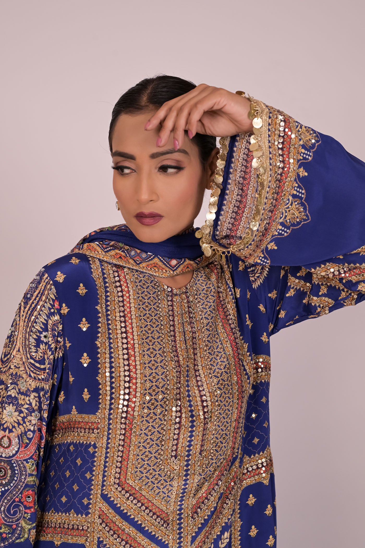 Long Arnarkali suit with wide legged pants and dupatta