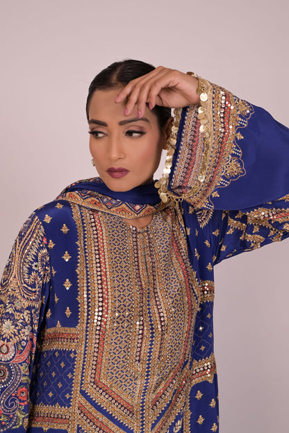 Long Arnarkali suit with wide legged pants and dupatta