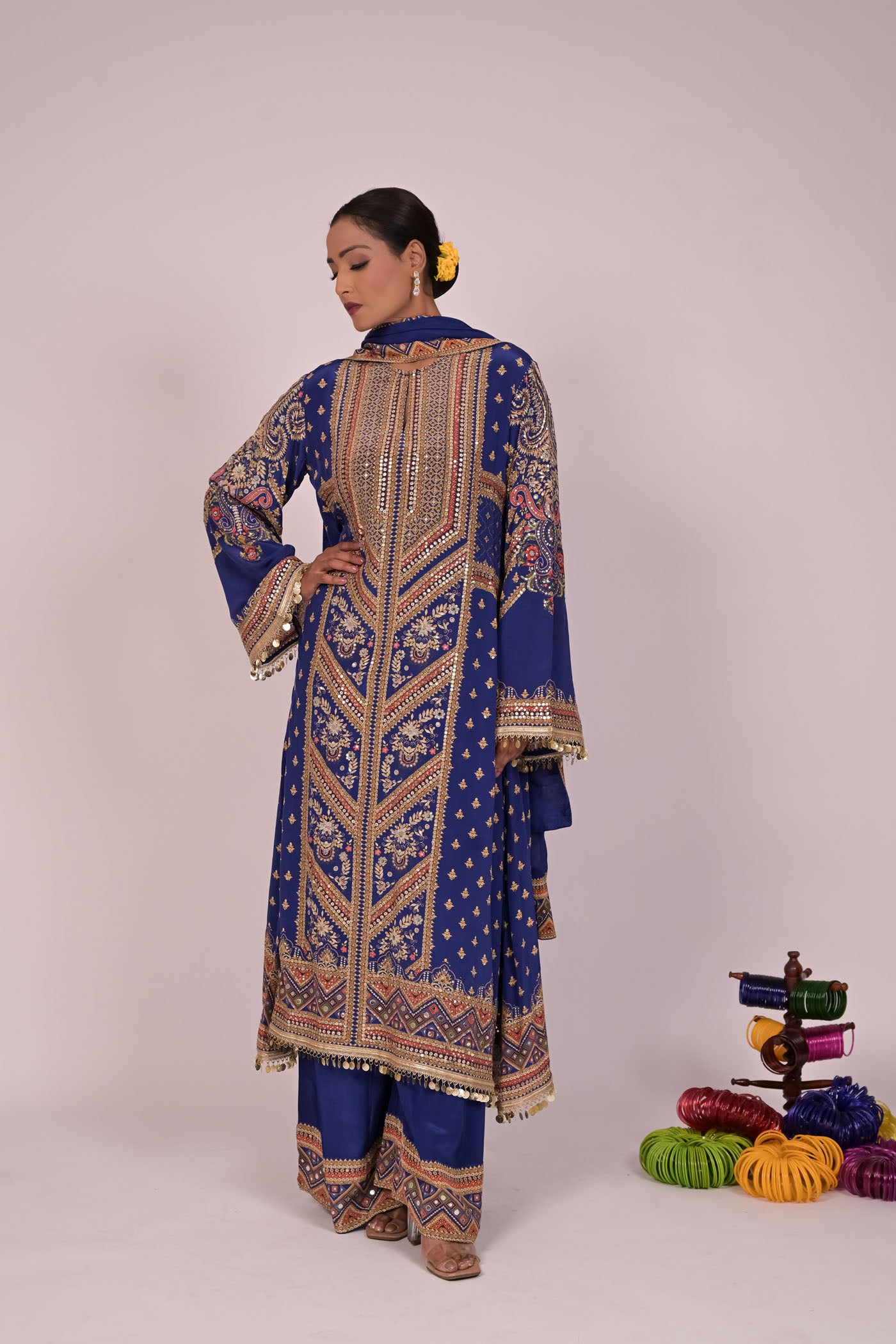 Long Arnarkali suit with wide legged pants and dupatta