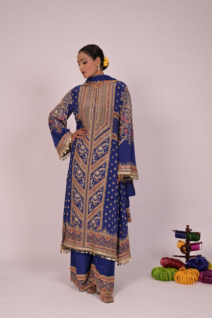 Long Arnarkali suit with wide legged pants and dupatta