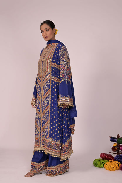 Long Arnarkali suit with wide legged pants and dupatta