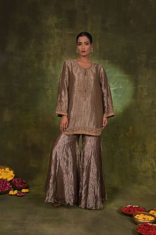 Taupe Metallic Embroidered Kurta with Flared Pants
