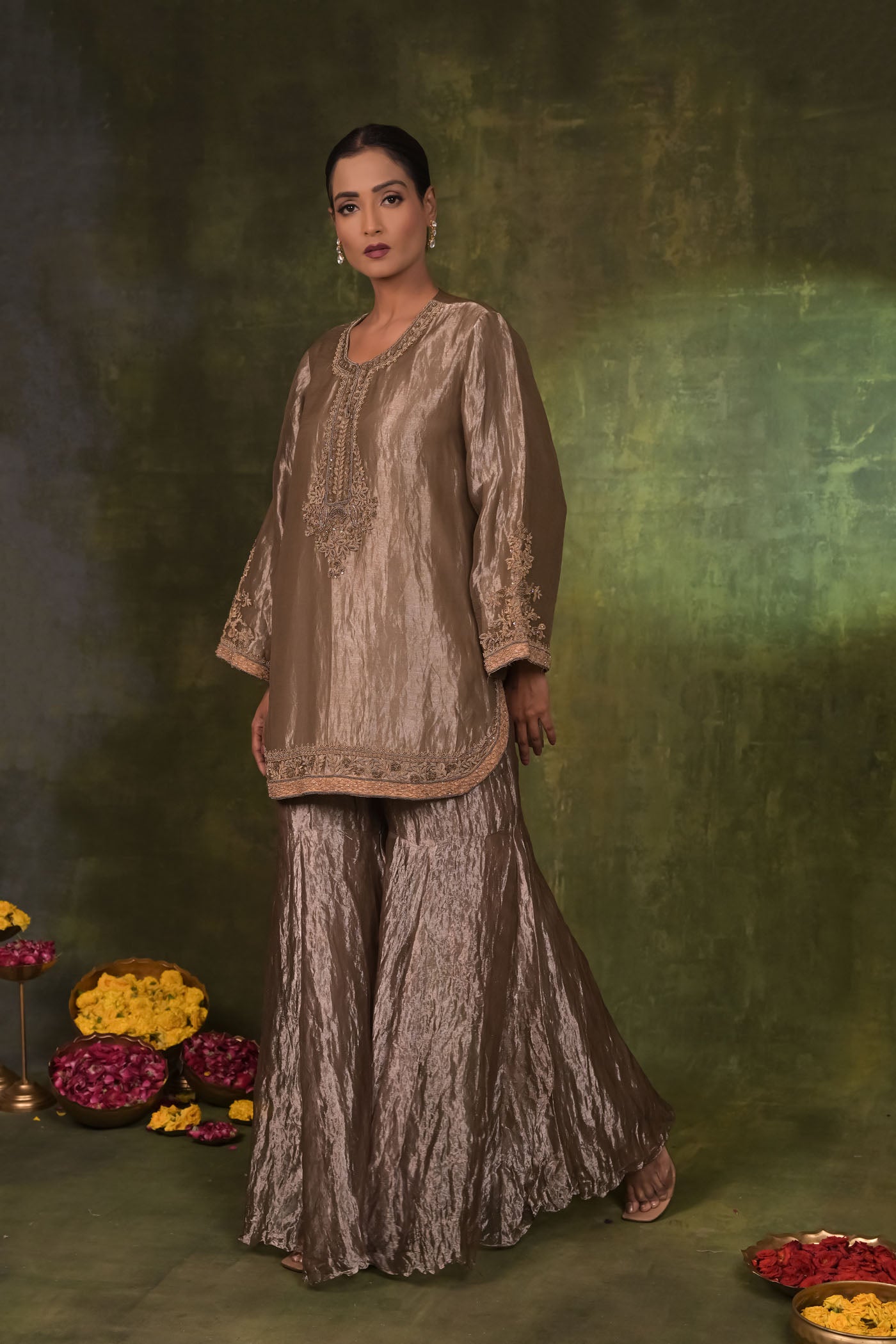 Taupe Metallic Embroidered Kurta with Flared Pants