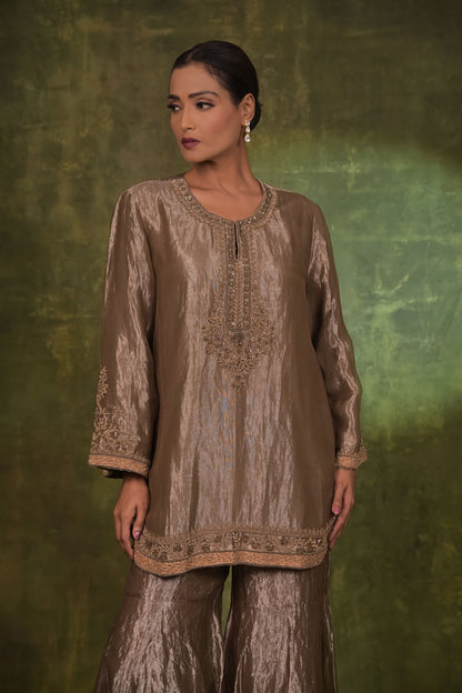 Taupe Metallic Embroidered Kurta with Flared Pants