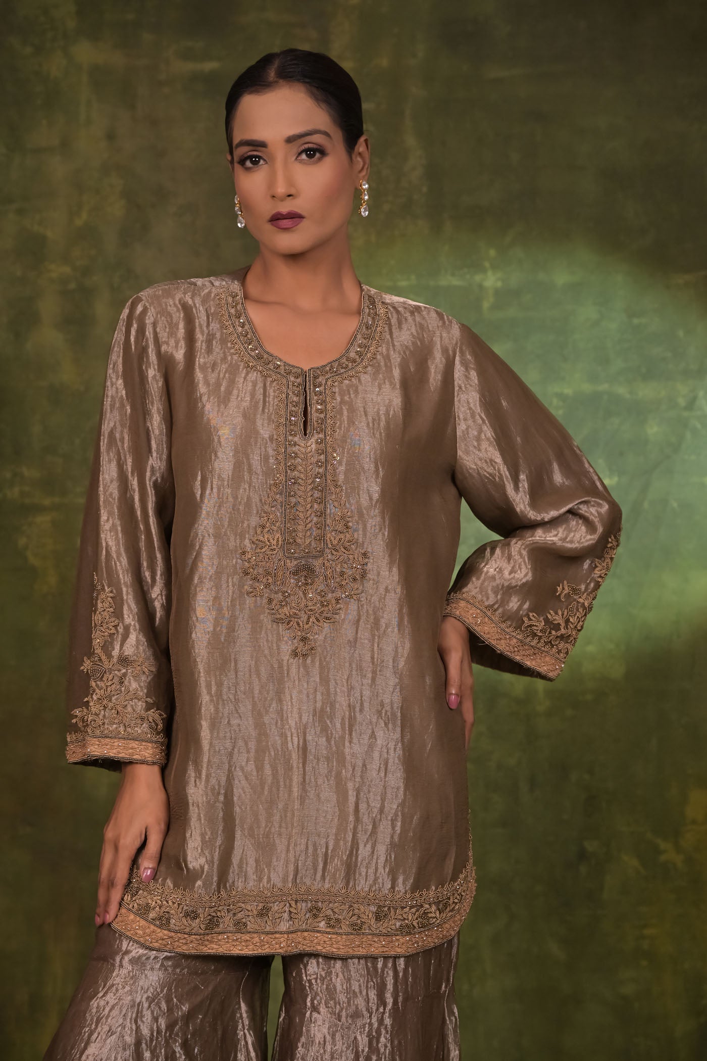 Taupe Metallic Embroidered Kurta with Flared Pants