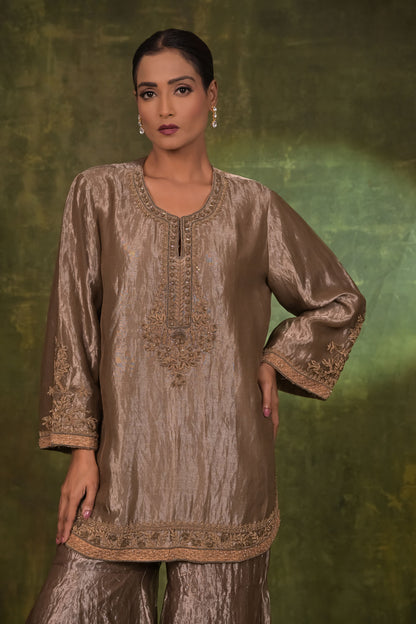 Taupe Metallic Embroidered Kurta with Flared Pants