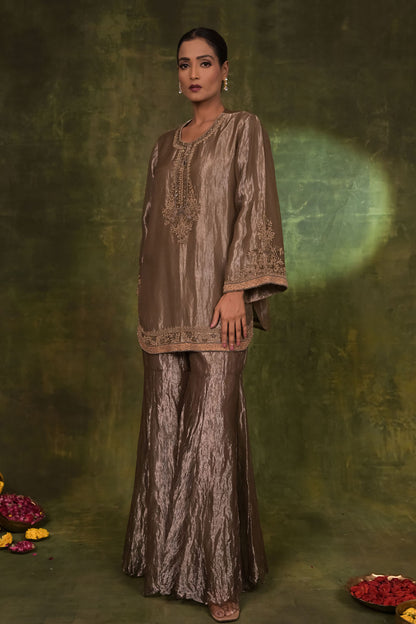 Taupe Metallic Embroidered Kurta with Flared Pants