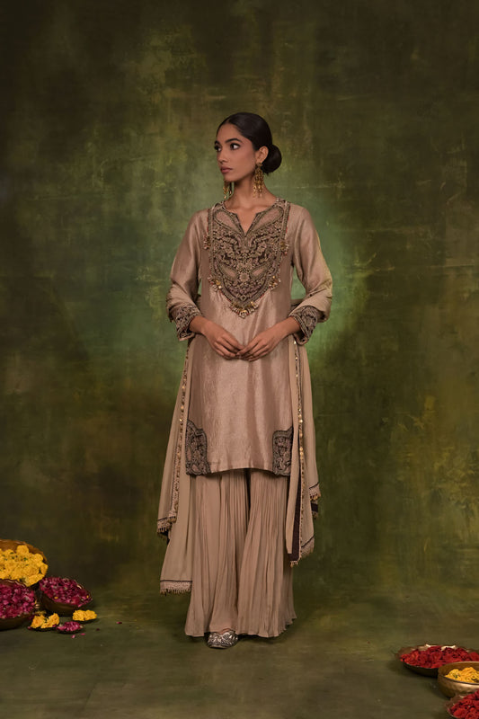 Taupe Embroidered Kurta with Pleated Sharara