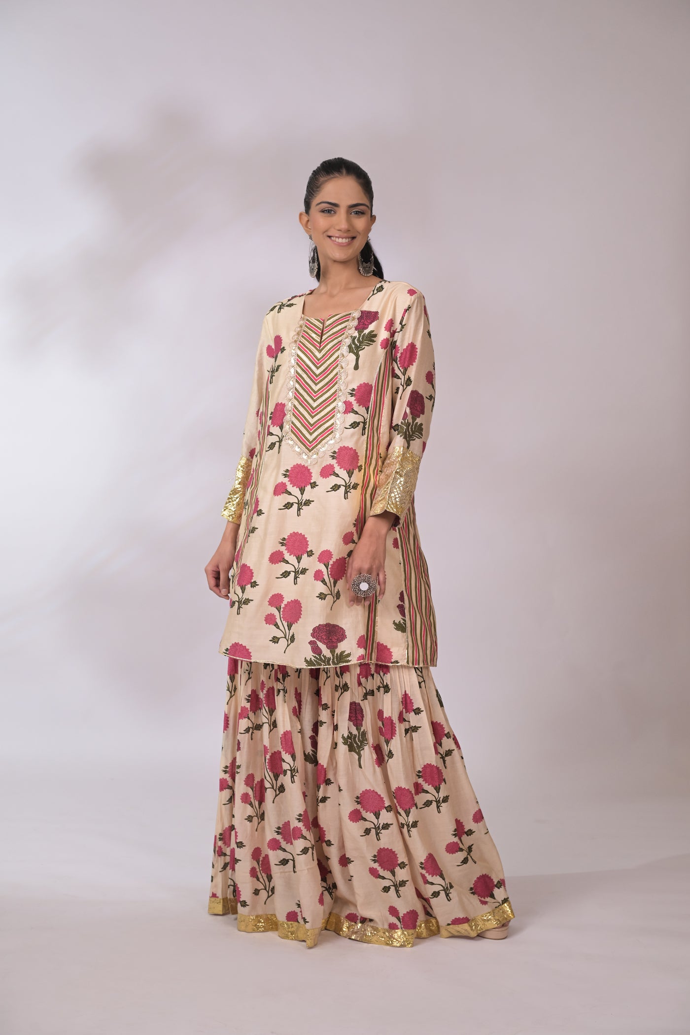 Cream & fuchsia Floral two-piece set