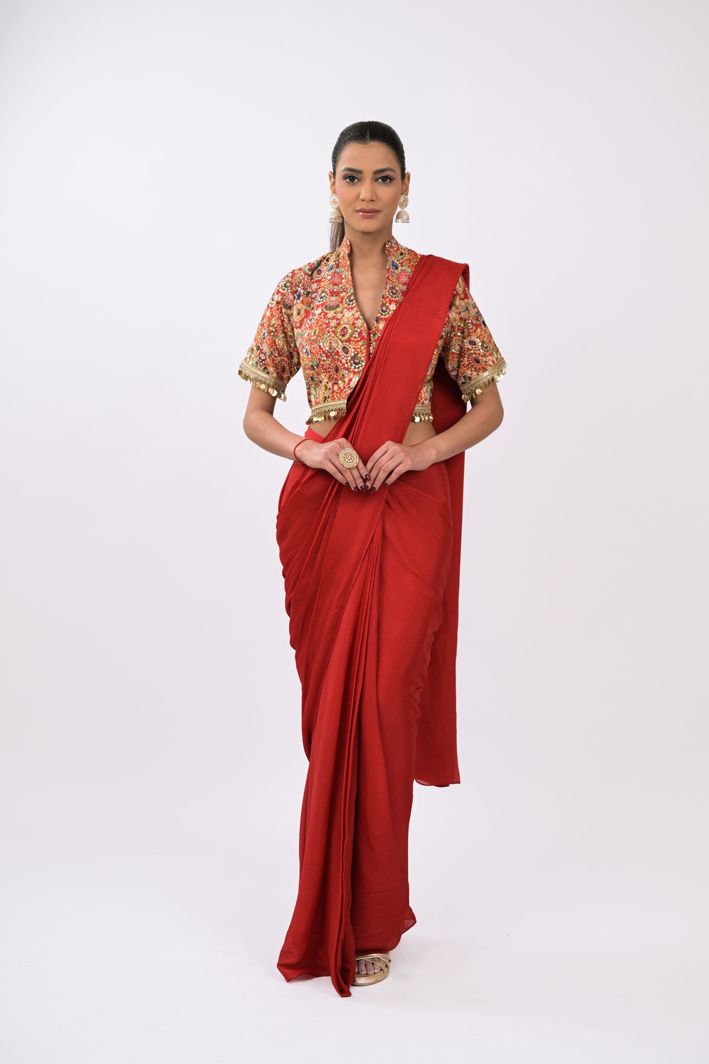 Rangrez Noor Pre-Draped red Saree Set
