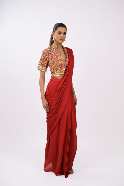 Rangrez Noor Pre-Draped red Saree Set