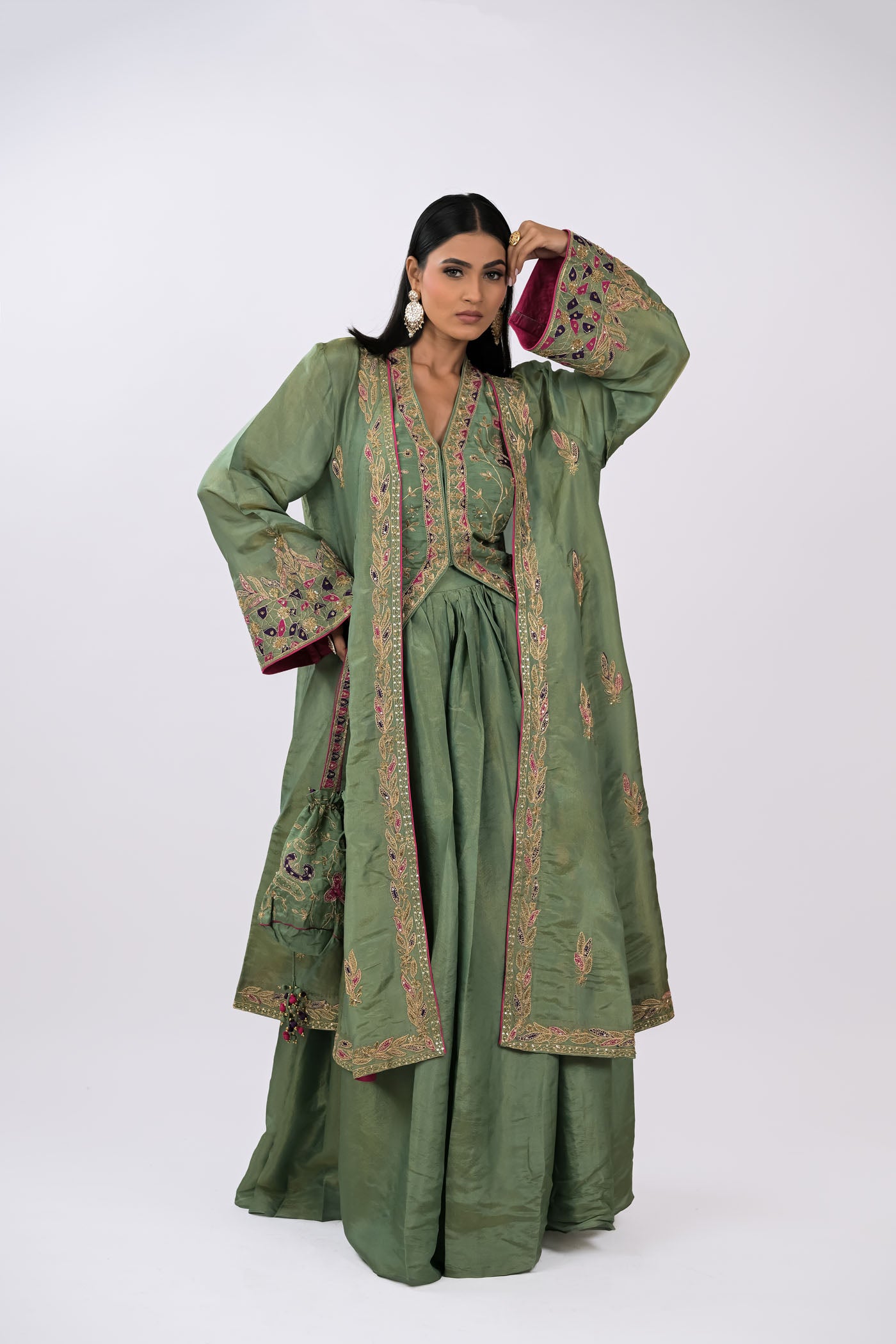 Zeenat Embroidered Skirt, Crop Top & Cape Set