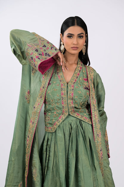 Zeenat Embroidered Skirt, Crop Top & Cape Set