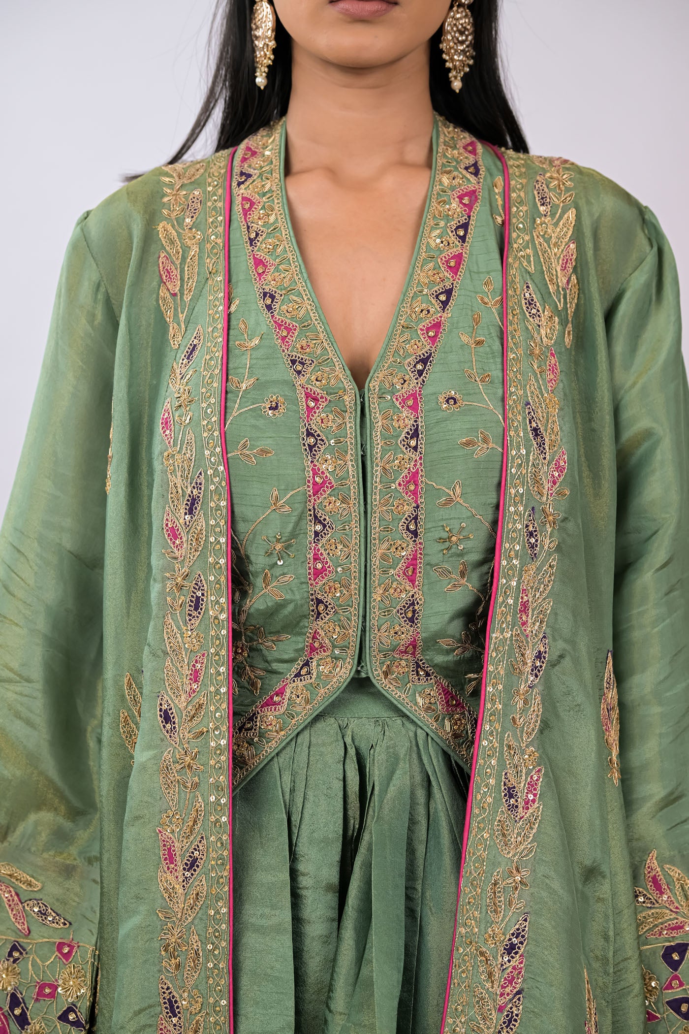 Zeenat Embroidered Skirt, Crop Top & Cape Set