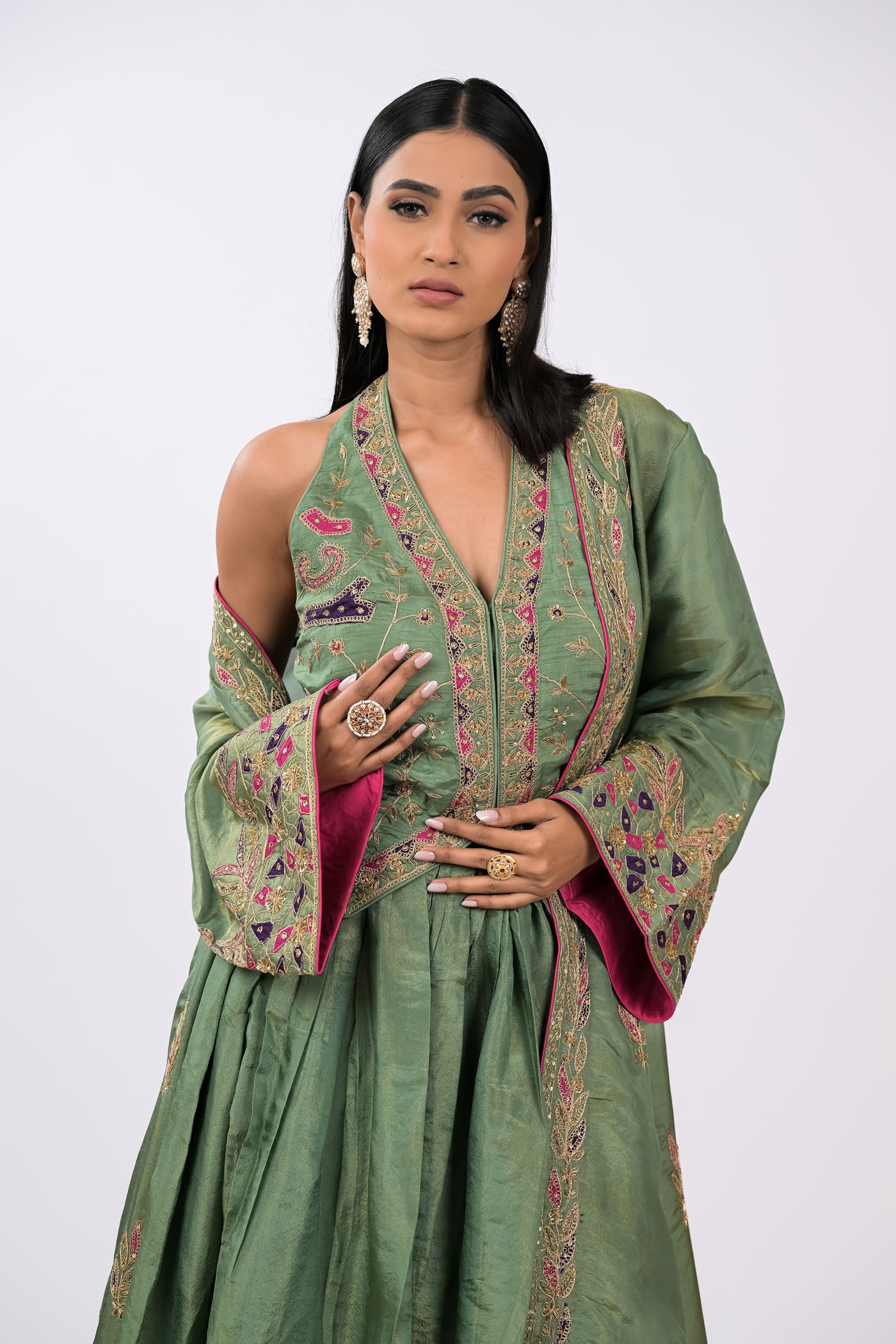 Zeenat Embroidered Skirt, Crop Top & Cape Set