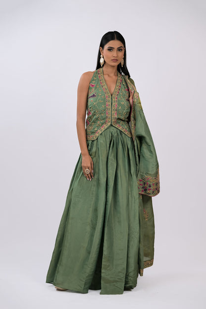 Zeenat Embroidered Skirt, Crop Top & Cape Set