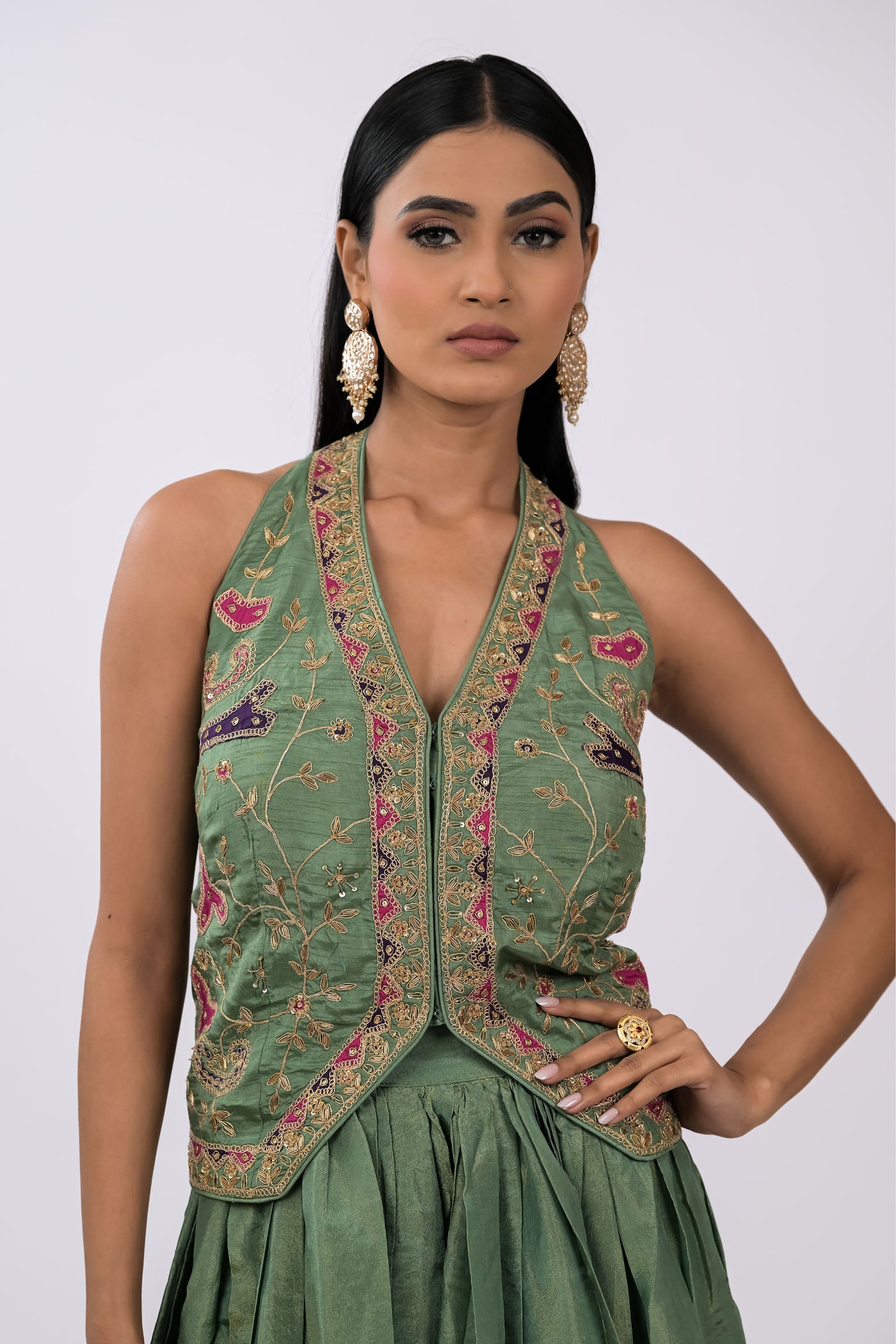 Zeenat Embroidered Skirt, Crop Top & Cape Set