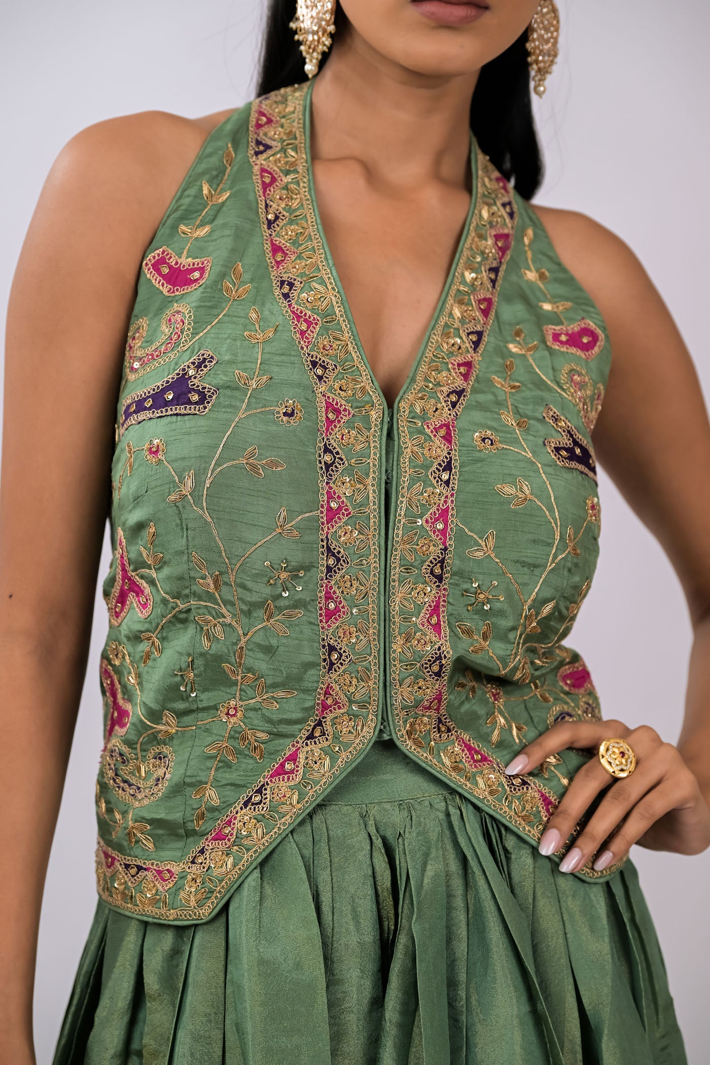 Zeenat Embroidered Skirt, Crop Top & Cape Set