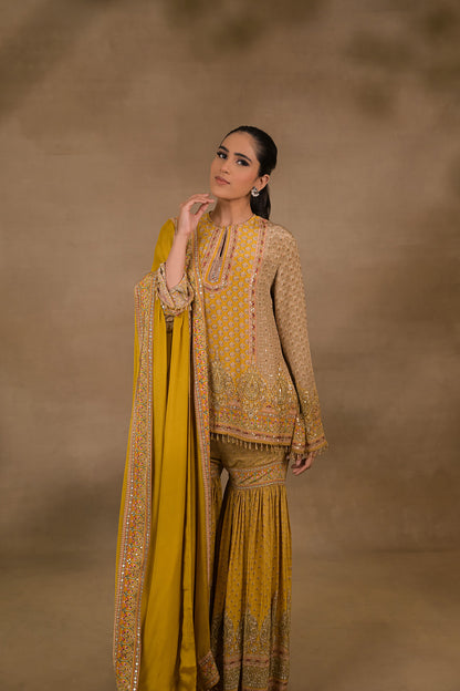 Mustard Royale Short Kurti Gharara Set