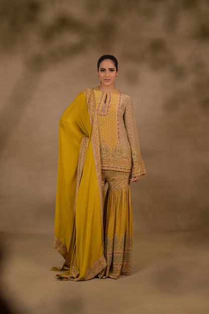 Mustard Royale Short Kurti Gharara Set
