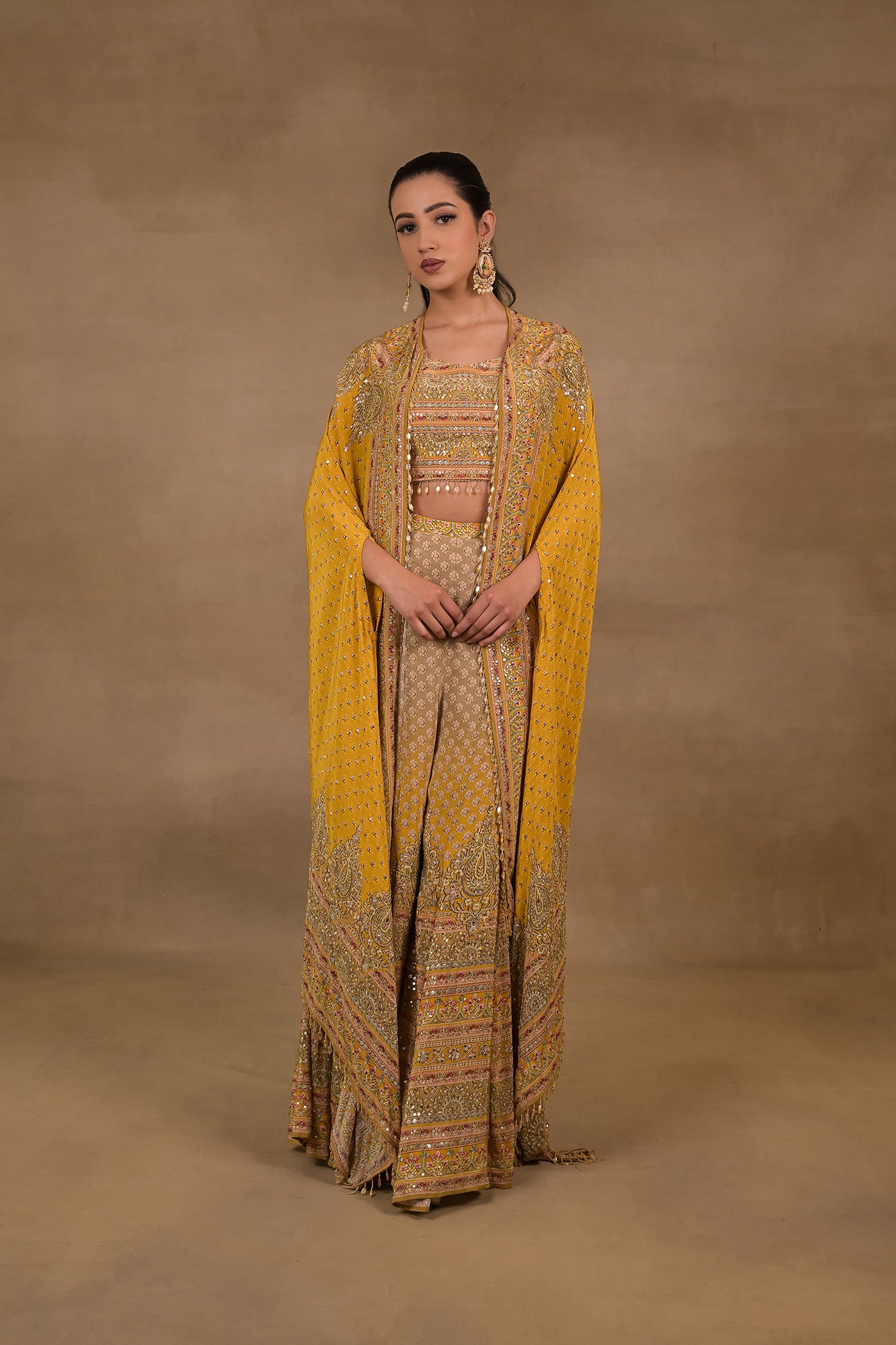 Mustard Meher Crop Top Jacket Palazzo Set