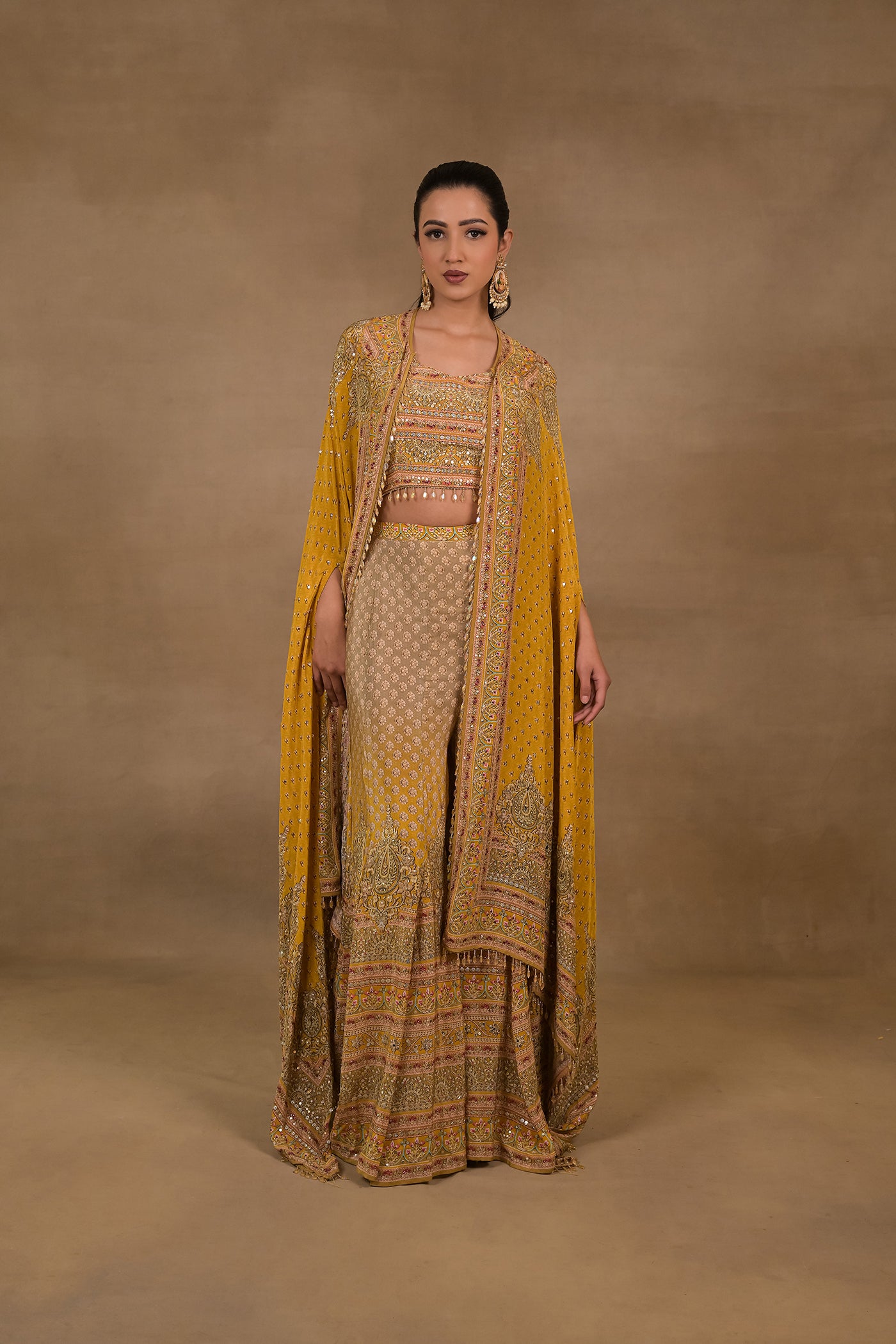 Mustard Meher Crop Top Jacket Palazzo Set
